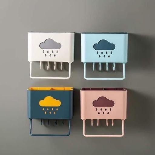 Hộp đựng đũa muỗng treo tường kèm móc treo khăn và dụng cụ bếp, ống đựng đũa muỗng hình đám mây