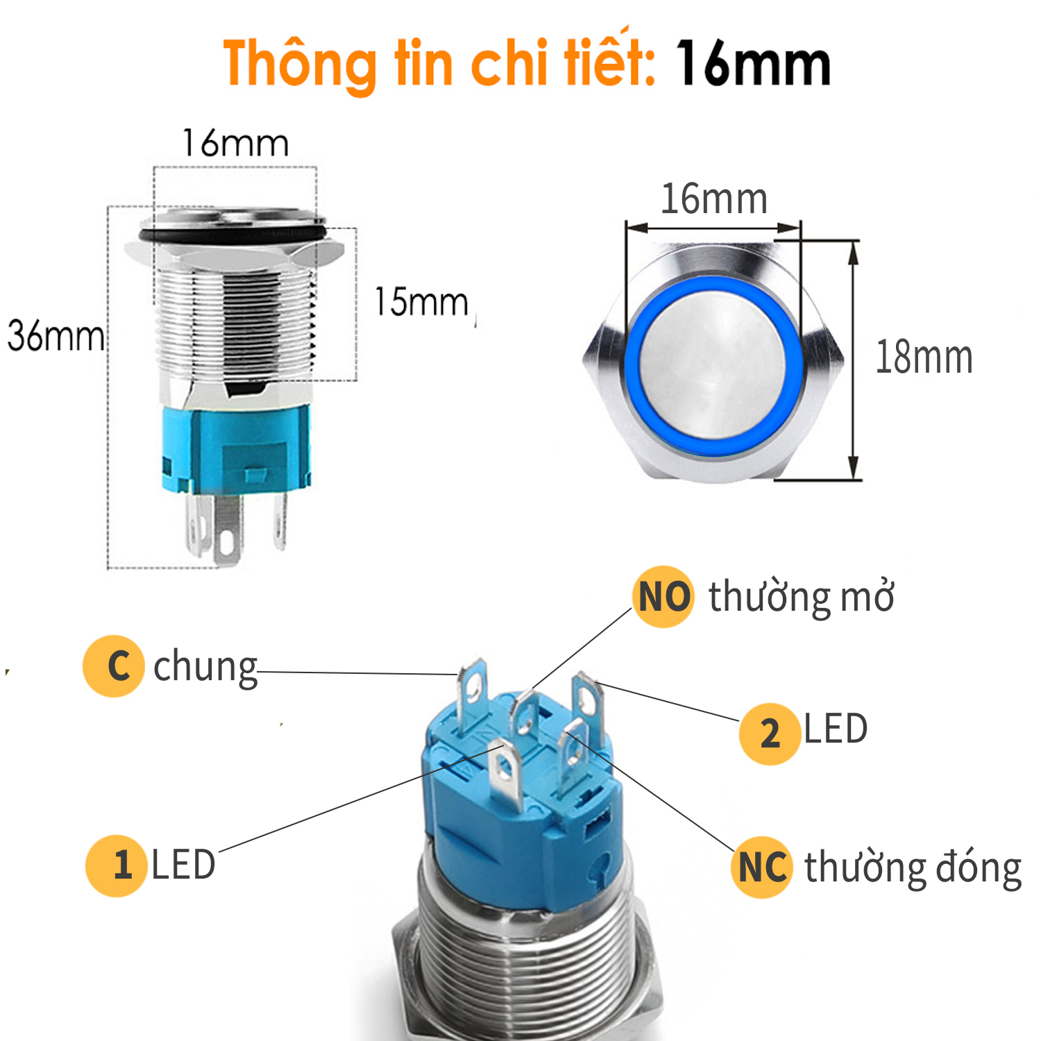 Nút công tắc nhấn nhả tự phục hồi có đèn LED 16mm 3-6V, 12-24V, 110-220V Thân vỏ Kim loại chống nước