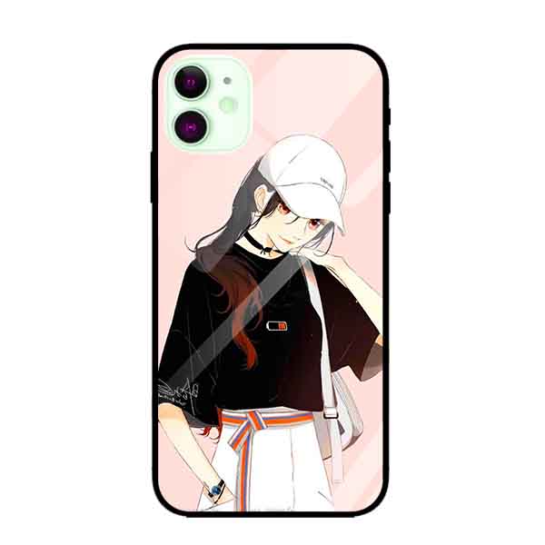 Ốp lưng kính cường lực cho iPhone 11 Nền Cô Gái Áo Đen Nón Trắng - Hàng Chính Hãng