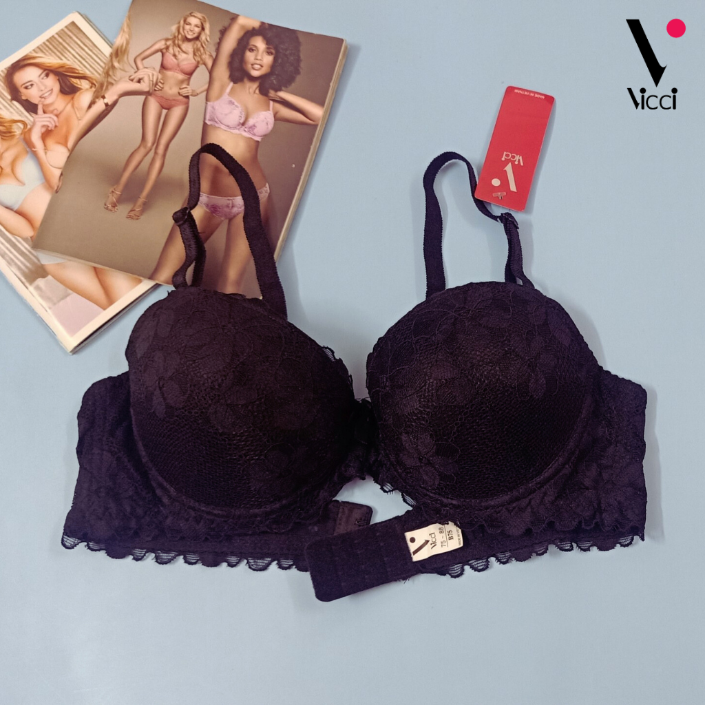 Áo lót ren nữ nâng ngực đệm mút dày 3cm Vicci AV.02 cúp xéo có gọng siêu nâng ngực, dây vai có thể tháo rời, chất liệu ren dệt mềm mịn, họa tiết hoa tinh tế