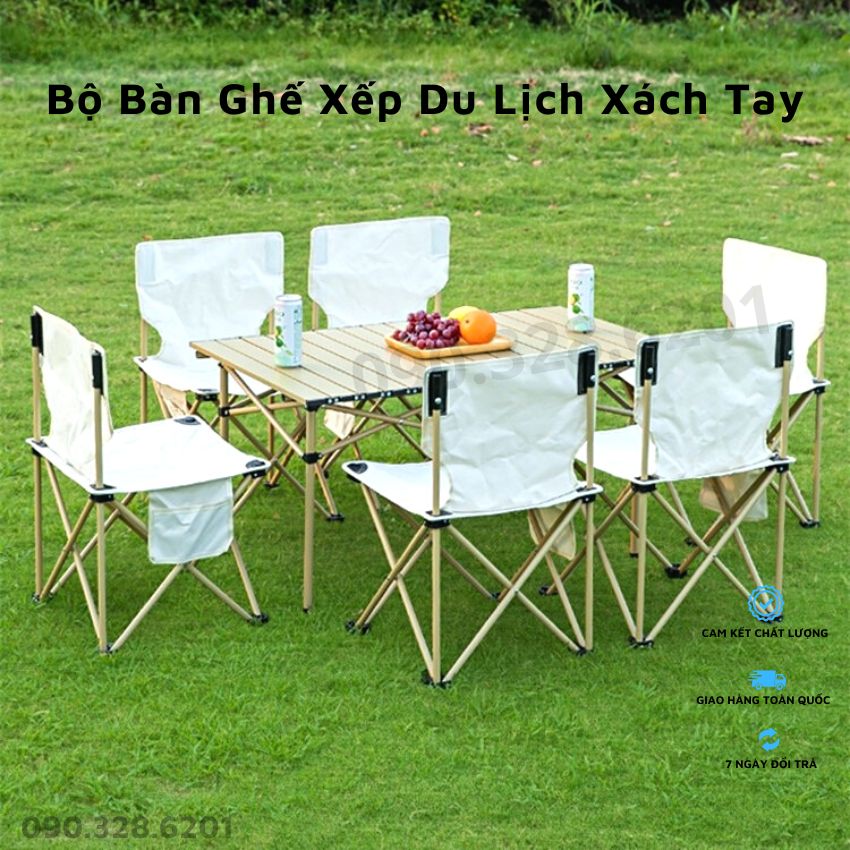 Bộ Bàn Ghế Xếp Du Lịch Dã Ngoại Xách Tay, Bộ 1 Bàn 6 Ghế Gấp Gọn Cắm Trại, Ghế Xếp Câu Cá