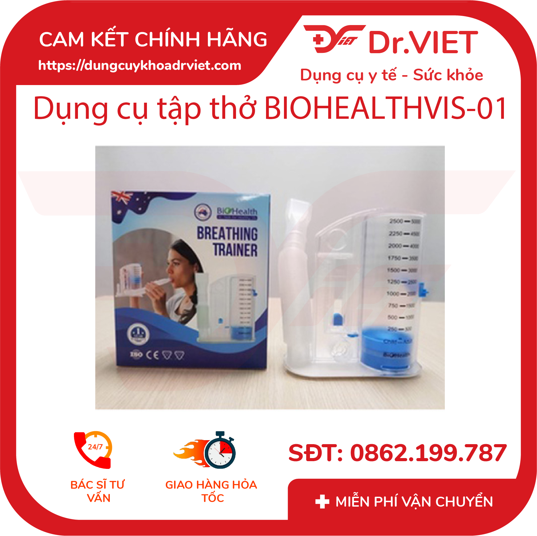 Dụng cụ tập thở BioHealth - VIS 01 hỗ trợ tập thở cho bệnh nhân mắc bệnh về hô hấp - phổi - Dr.Viet