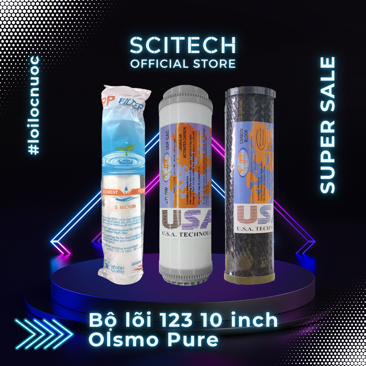 Bộ lõi lọc nước số 1,2,3 (PP-UDF-CTO) 10 inch Olsmo Pure by Scitech dùng trong máy lọc nước RO, bộ lọc thô - Hàng chính hãng