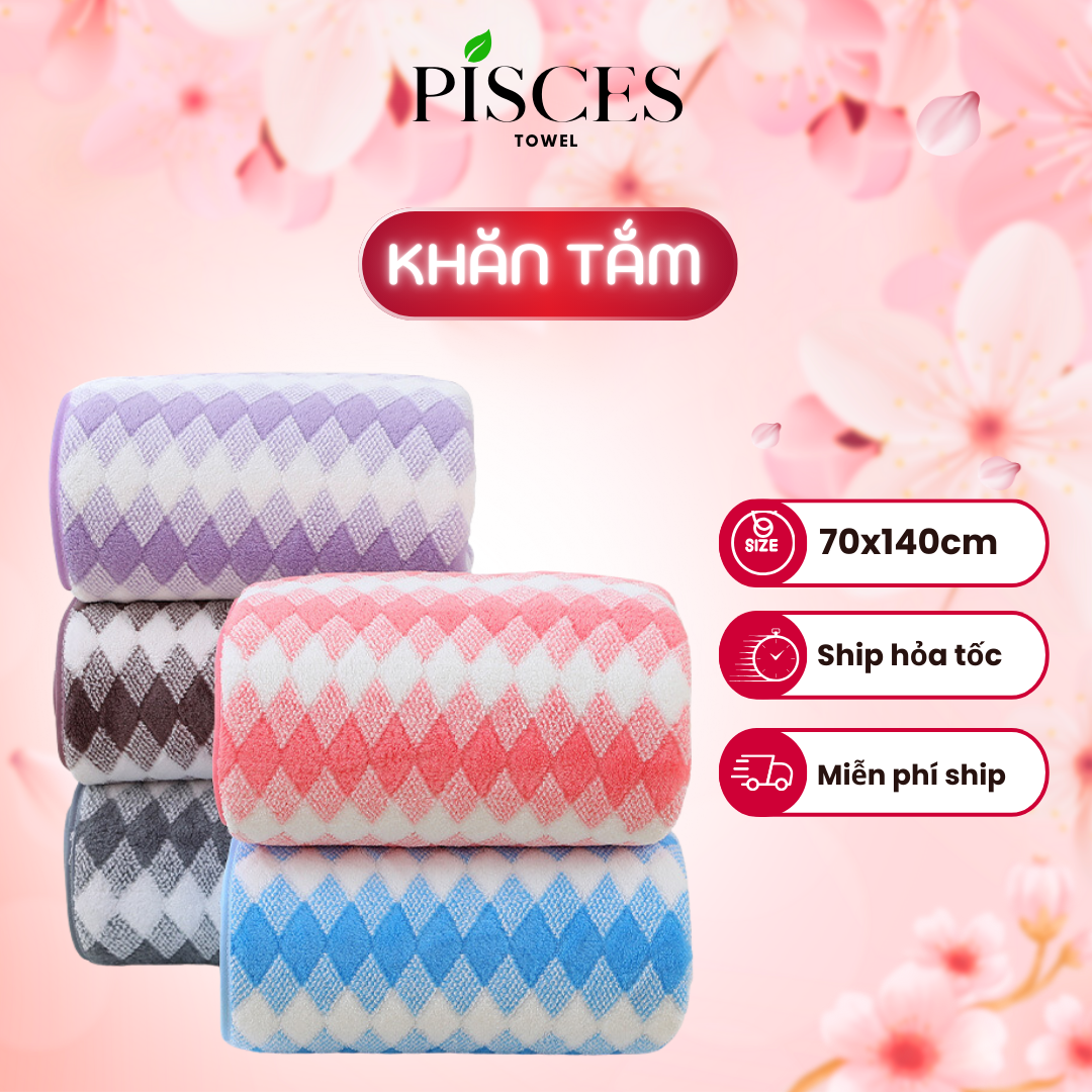 Khăn Tắm PISCES TOWEL 70x140cm Caro Cotton Mềm Mại, Khăn Spa Yoga Gym Thể Thao Thấm Hút Mồ Hôi - Xanh ngọc, Xanh ngọc