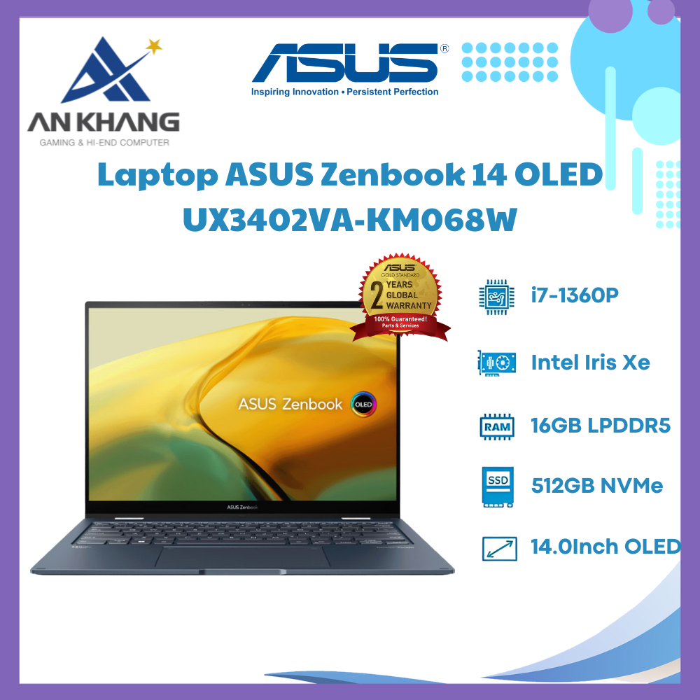 Laptop Asus Zenbook 14 OLED UX3402VA-KM068W (Intel Core i7-1360P | 16GB | 512GB | Intel Iris Xe | 14 inch OLED WQXGA+ | Win 11 | Xanh) - Hàng Chính Hãng - Bảo Hành 24 Tháng