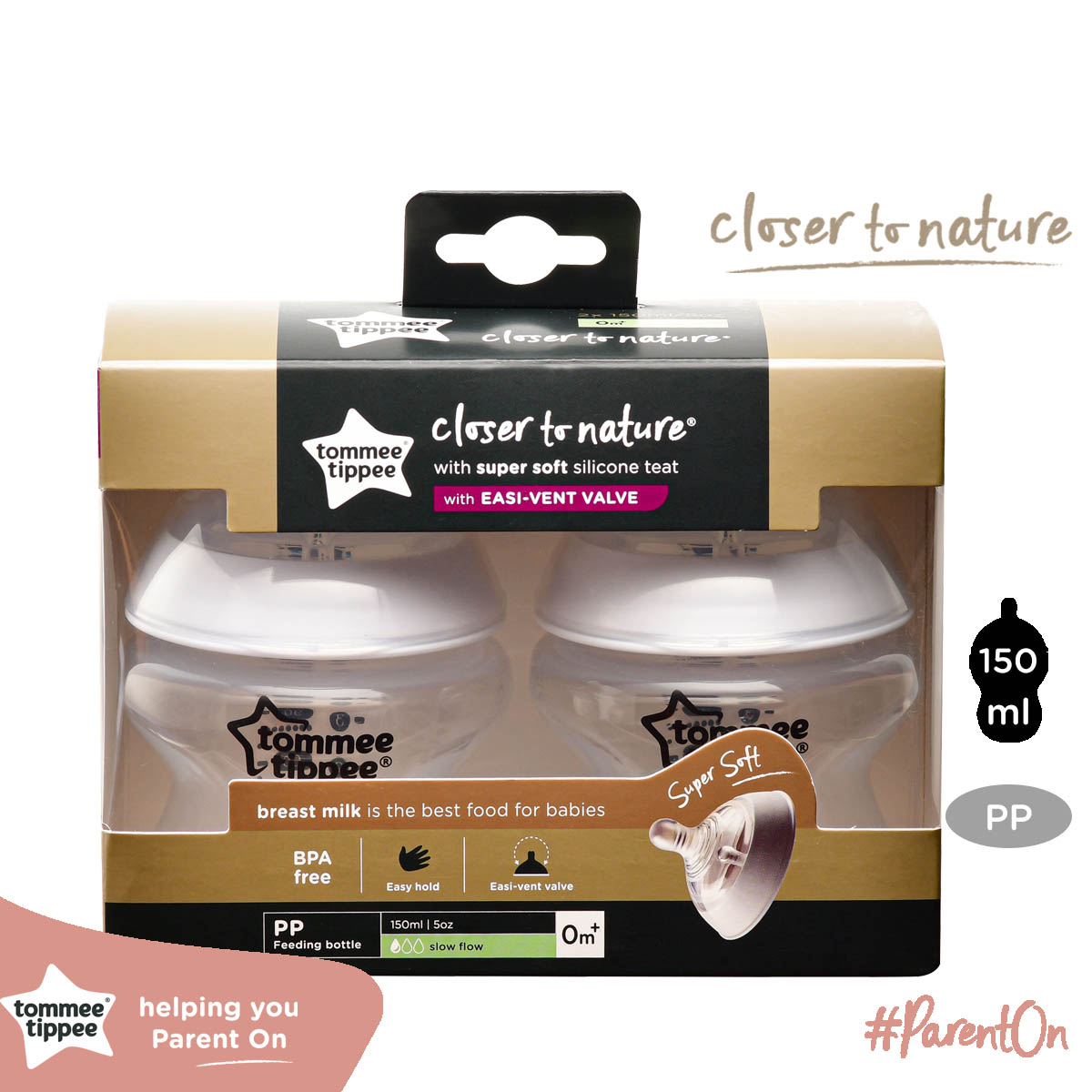 Bình sữa ty siêu mềm tự nhiên Tommee Tippee Closer to Nature 150ml, núm ty đi kèm 0-3 tháng
