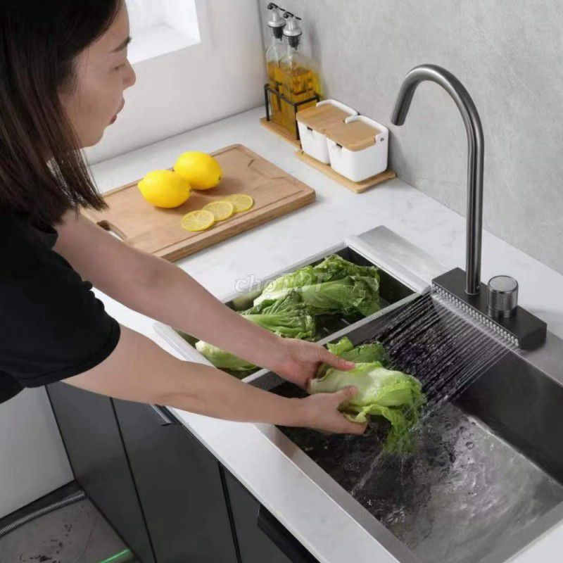 Chậu rửa bát thác nước 1 hố kèm vòi đa chế độ dòng chảy nước kèm bộ phụ kiện inox 304 cao cấp