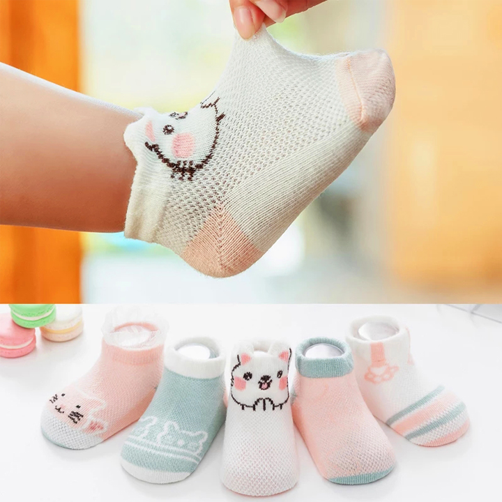 Set 5 đôi tất lưới cổ thấp cho bé 0-2 tuổi chất cotton chống trơn trượt hình thú lạ mắt phối màu xinh xắn – T013 - Hồng Thỏ ,S