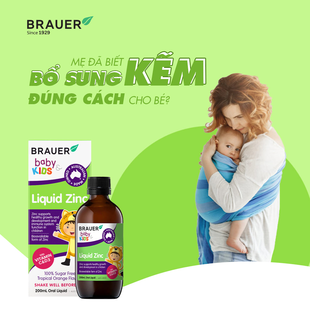 Kẽm hỗ trợ biếng ăn cho trẻ từ 1 tuổi Liquid Zinc Brauer Úc giúp trẻ ăn ngon miệng, ngủ ngon, phát triển hệ xương, tăng sức đề kháng - Massel Official-200ml/chai