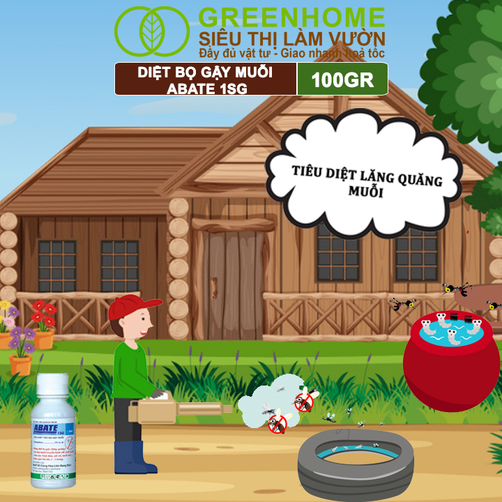 Chế Phẩm Diệt Bọ Gậy, Muỗi Greenhome, Abate 1SG, Chai 100Gr, Ngắn Ngừa Bệnh Sốt Xuất Huyết, Sốt Rét