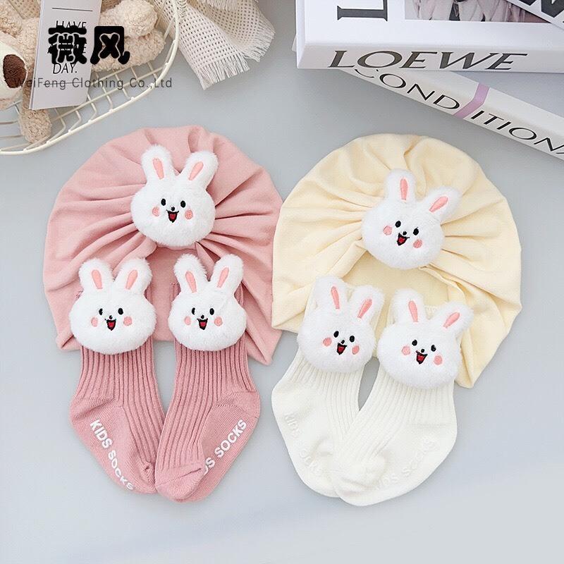 Set Mũ Nón Turban Kèm Vớ Cao Cổ Có Chống Trượt Đính Hình Dễ Thương Cho Bé Gái - Chicbaby