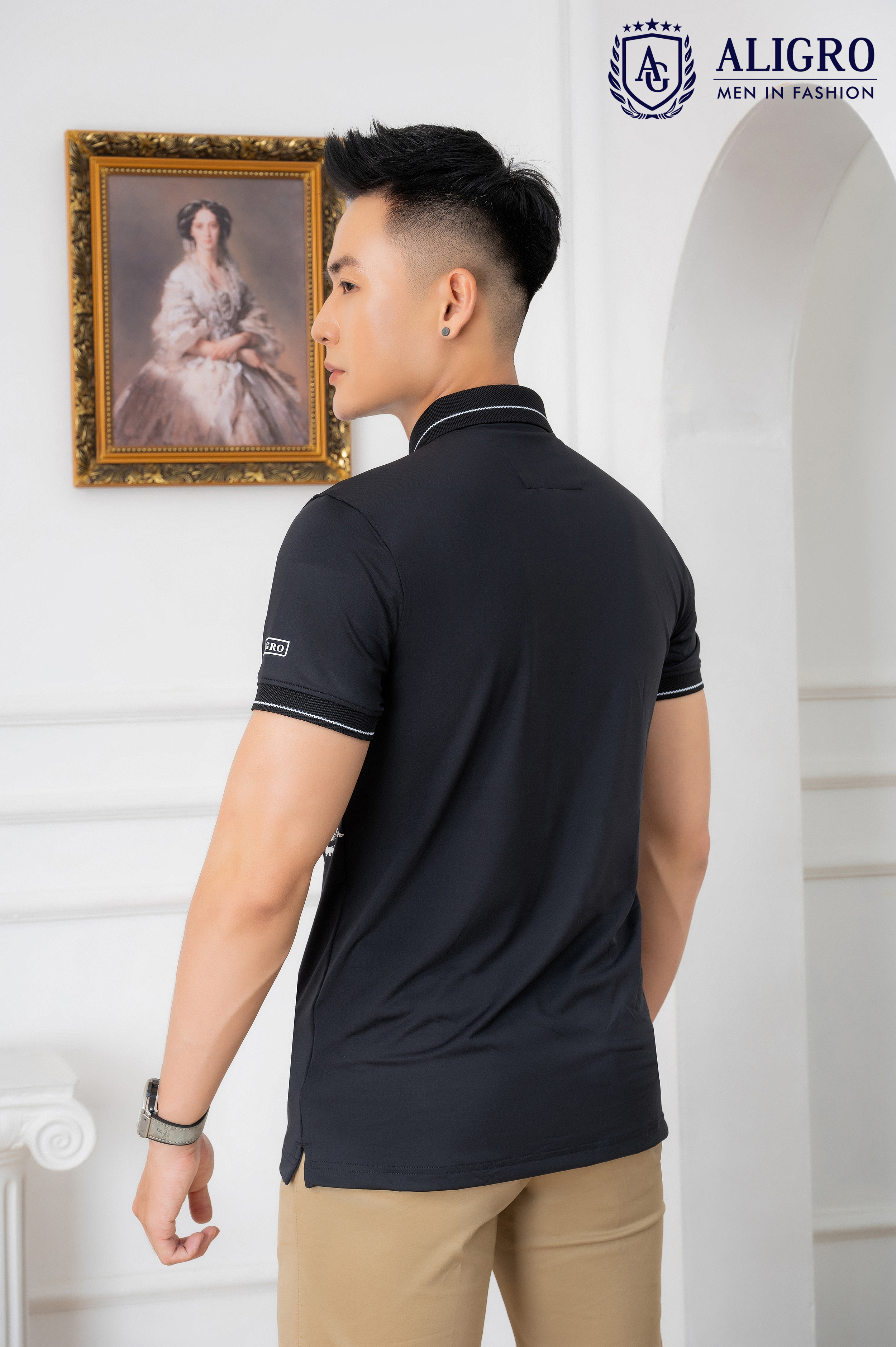 Áo Polo đen phối kẻ ngang Aligro ALGPLO73