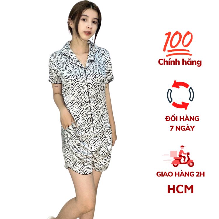 Đồ bộ mặc nhà nữ Pijama lụa VILADY - B136 kiểu đồ bộ ngắn họa tiết vằn đen siêu dễ thương, chất liệu lụa Pháp