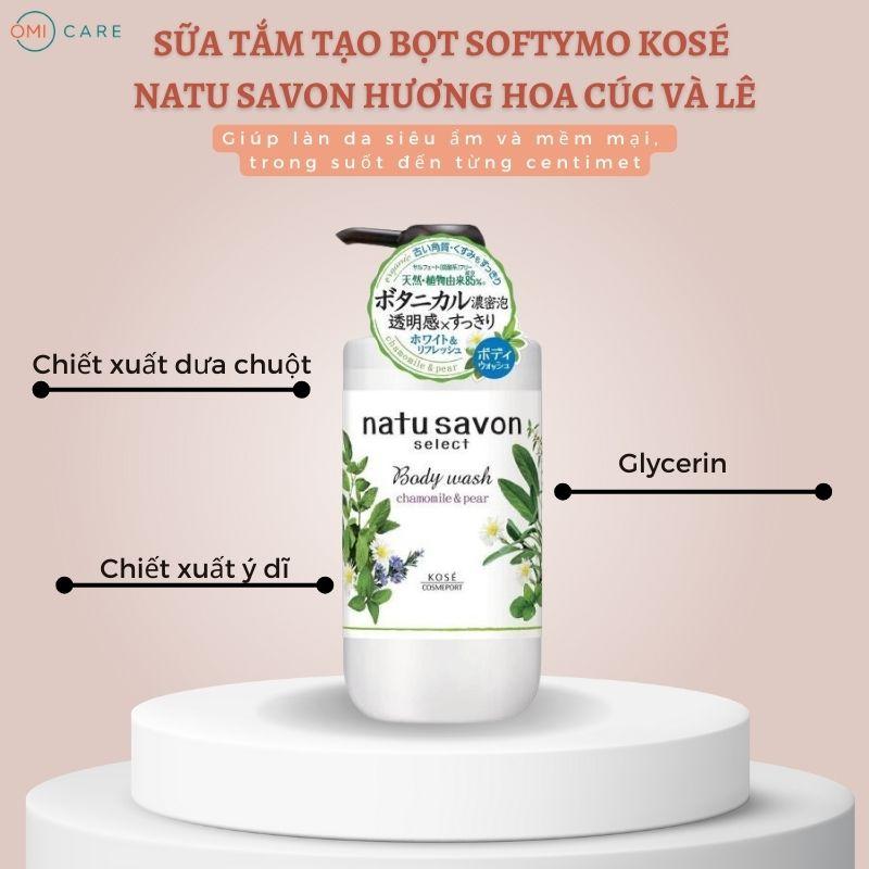 Sữa Tắm Tạo Bọt Dưỡng Trắng Và Làm Mềm Mịn Da Natu Savon Hương Hoa Cúc Và Lê  Softymo Kosé Nhật Bản Chai 500ml