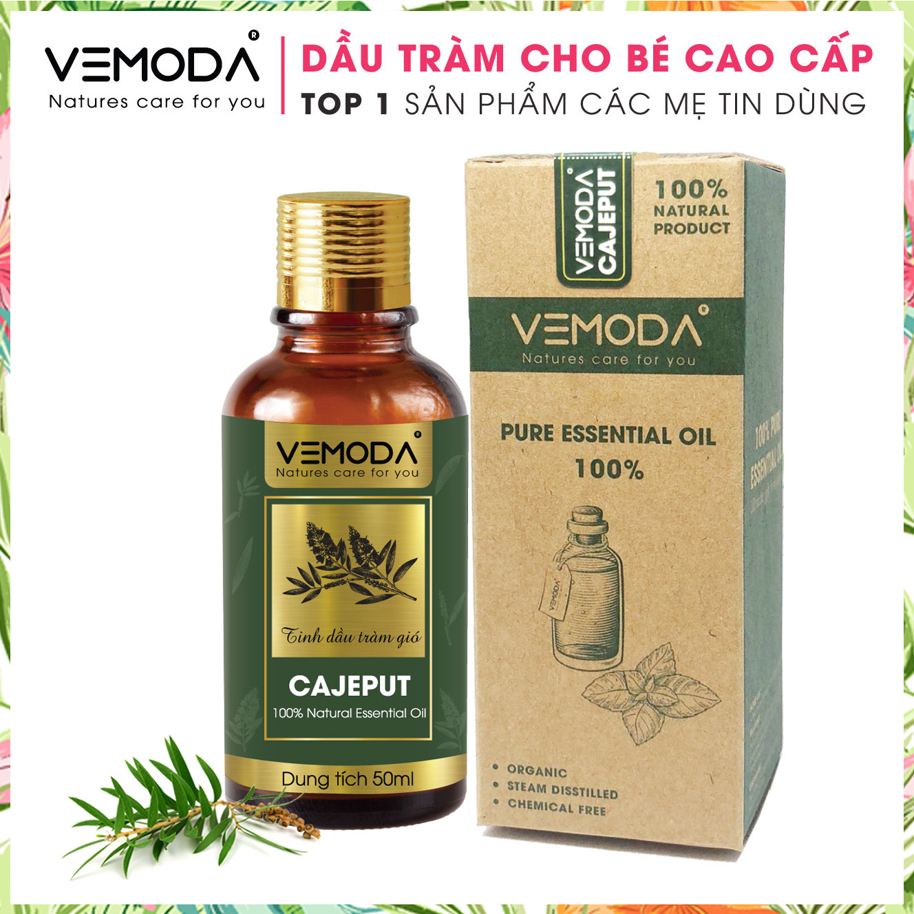 Dầu tràm cho bé cao cấp, an toàn. Tinh dầu Tràm gió Vemoda giúp kháng khuẩn, giữ ấm và chăm sóc bé yêu (Sản phẩm thiên nhiên). Dung tích 50ml