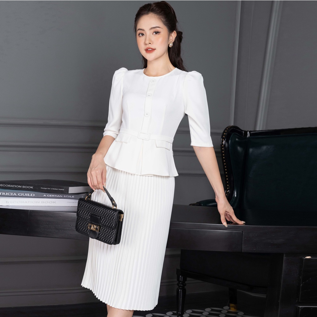 Set Công Sở UK Fashion Áo Peplum Tay Lỡ Kèm Chân Váy Dập Ly Thanh Lịch, Chất Vải Nhập Hàn Cao Cấp Mềm Mát NKBD2206003