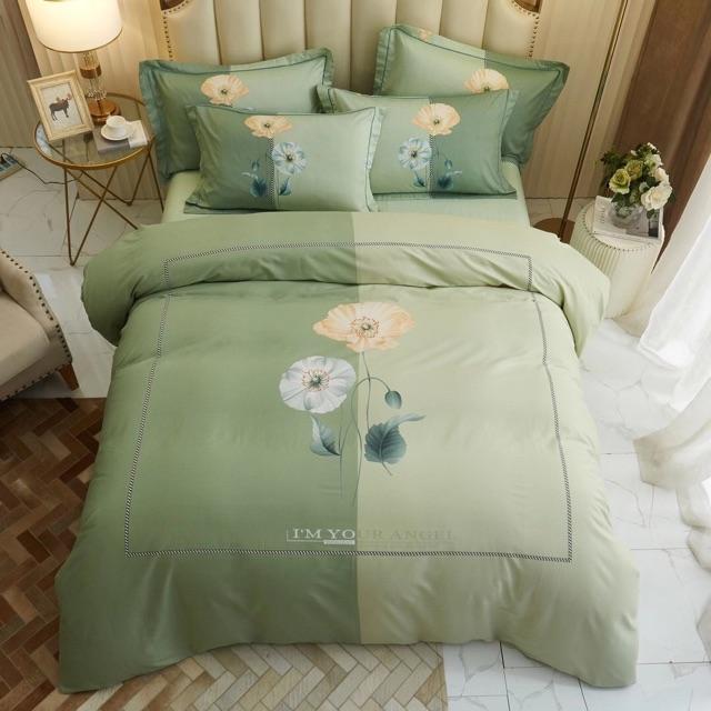 Set Cotton Organic 100%cotton Hàng Nhập Khẩu Cao Cấp 4 Món Hoạ Tiết Hoa Sang Trọng Tông Xanh