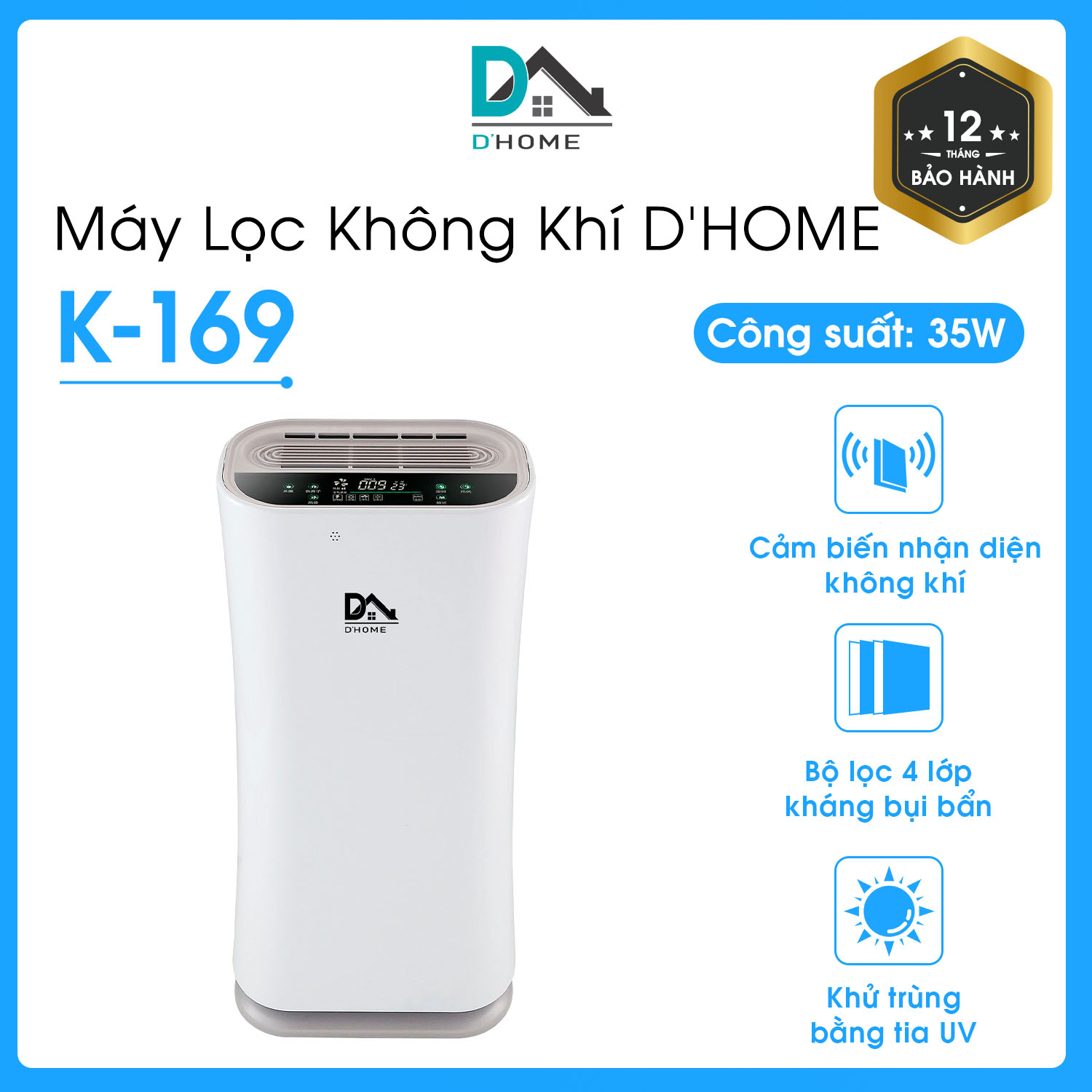 Máy Lọc Không Khí Dhome k -169 (sử dụng cho phòng 20m2 - 60m2 ) -  Diệt Vi Khuẩn Bằng Tia UV- Tạo Ion Âm Thông Minh- Hàng Chính Hãng