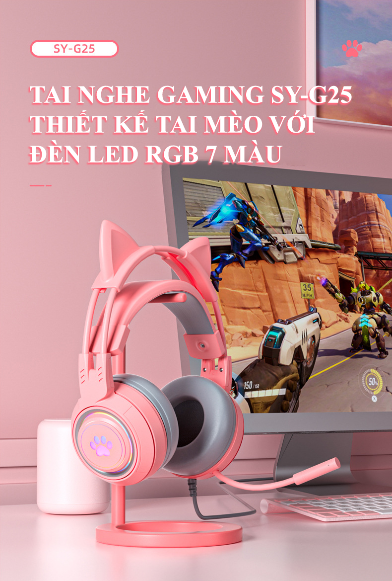 Tai nghe gaming SY-G25 với thiết kế tai mèo cực kì dễ thương có đèn led RGB dành cho game thủ