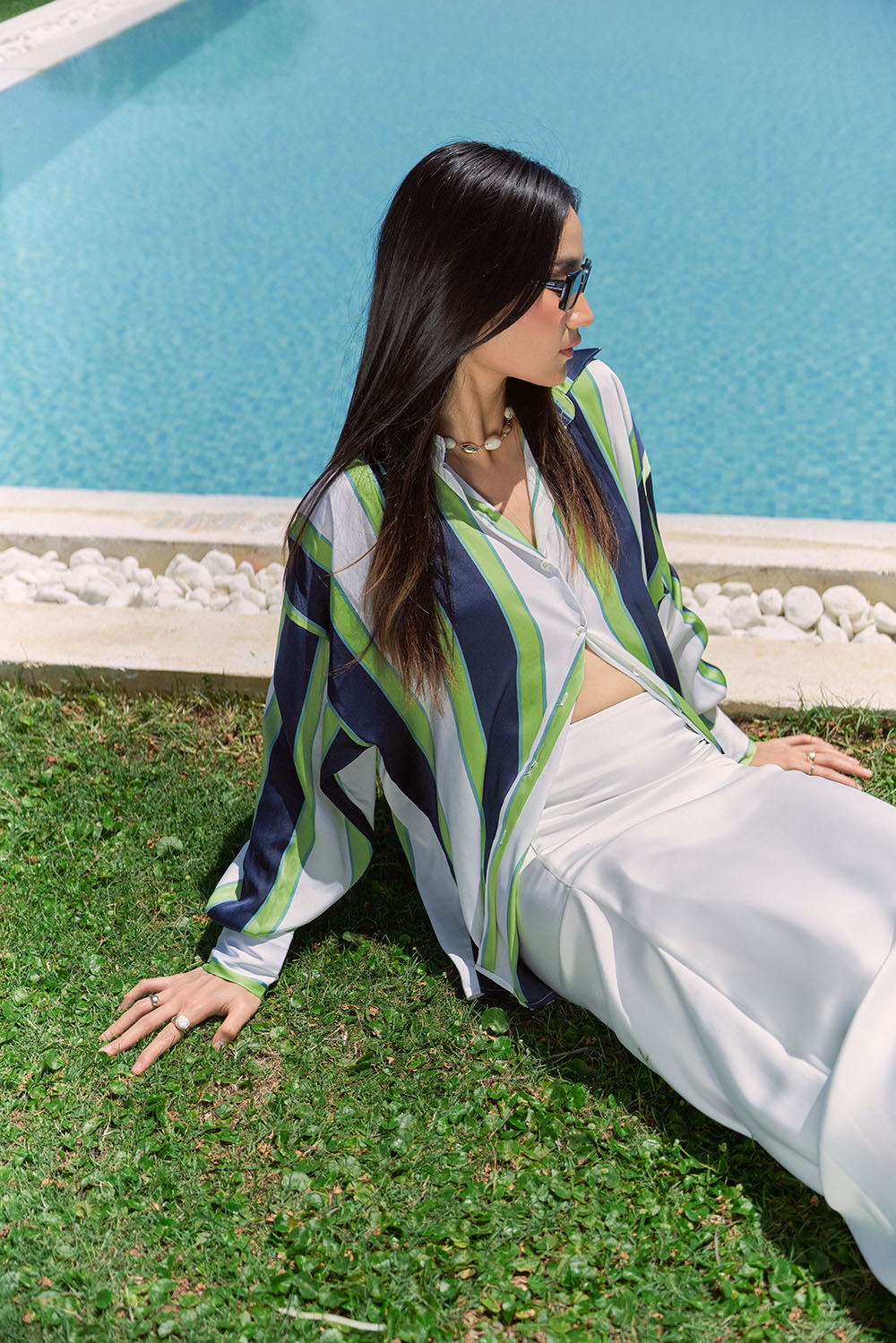 DOTTIE - Áo sơmi satin kẻ sọc - Xanh lá - T0716