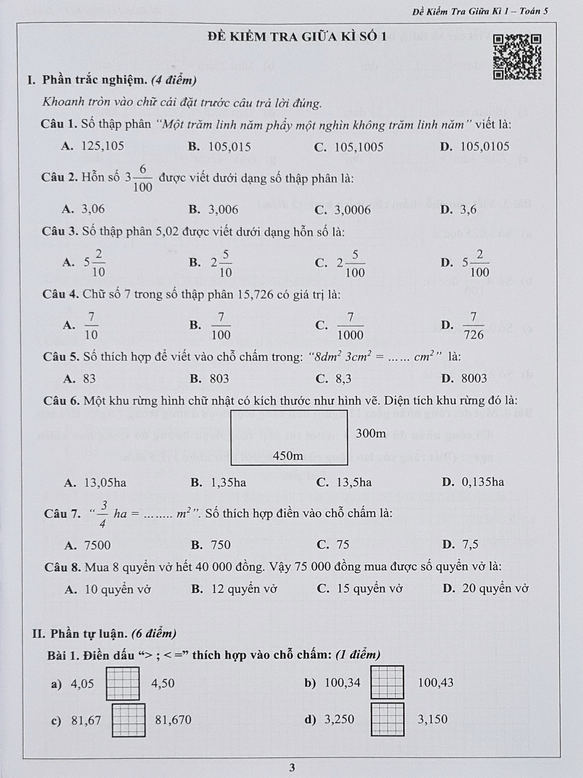 Sách - Đề kiểm tra Toán 5 học kì I