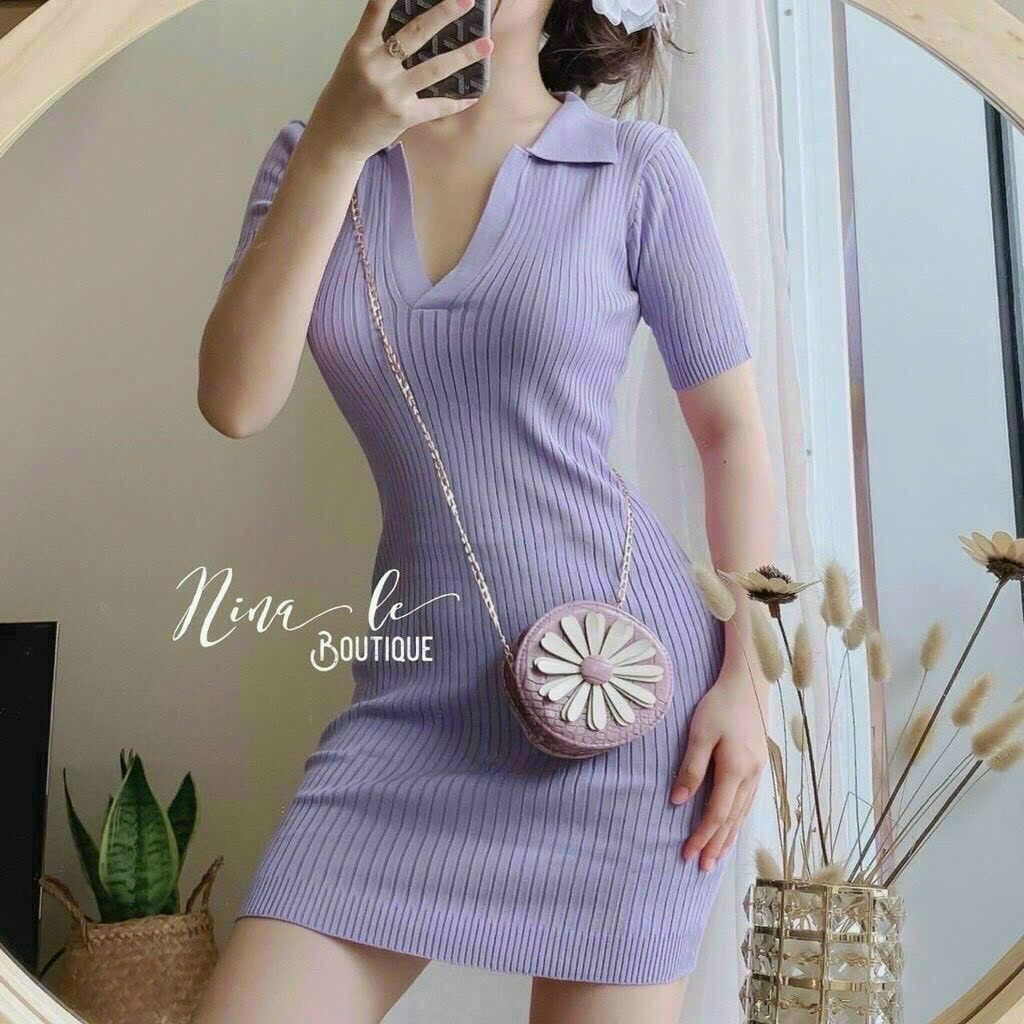 Đầm body cổ bẻ vải thun gân tăm tôn dáng