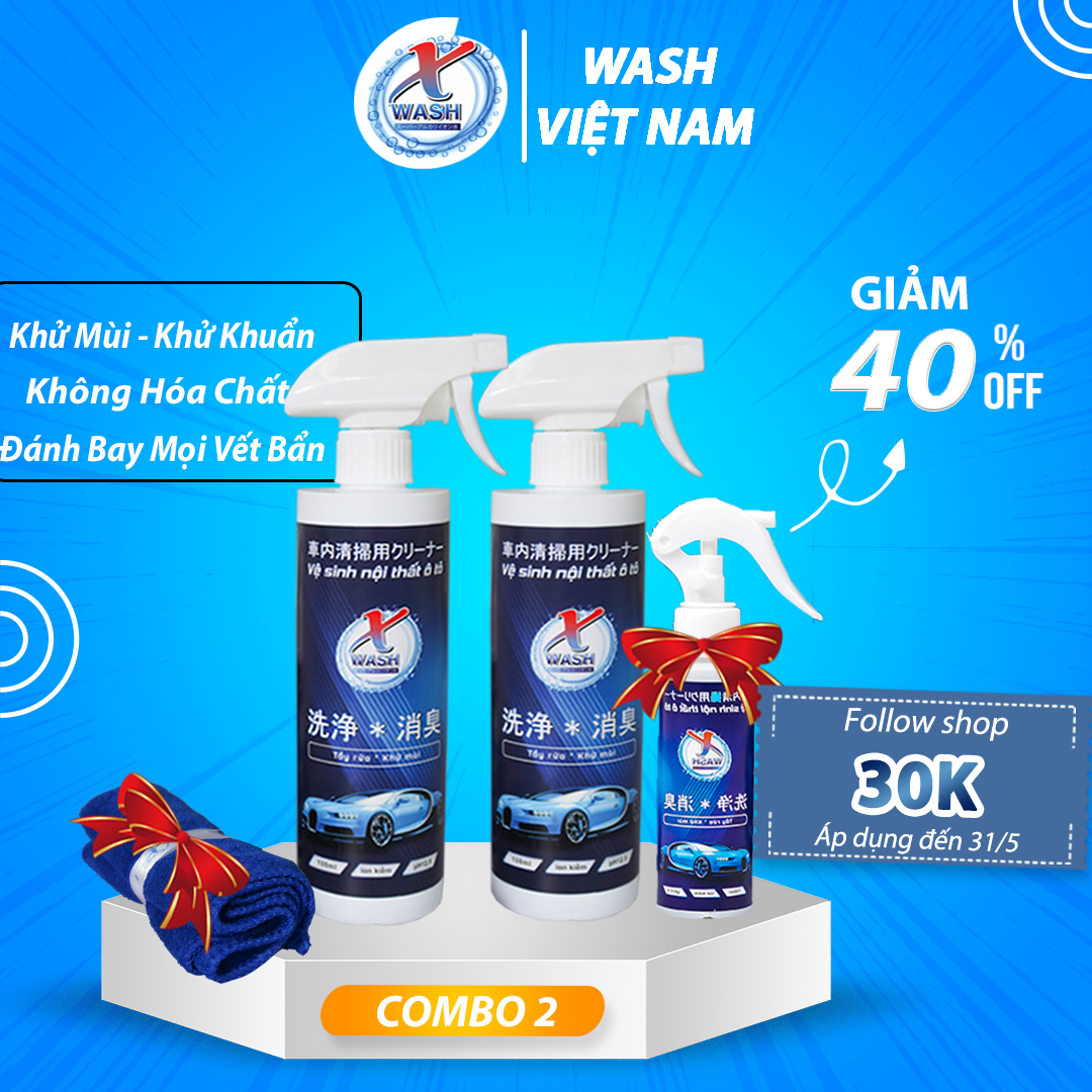 2 CHAI 500ML: XWash - Xịt tẩy rửa, khử mùi nội thất ô tô KHÔNG HÓA CHẤT - Tặng khăn lông cừu cao cấp