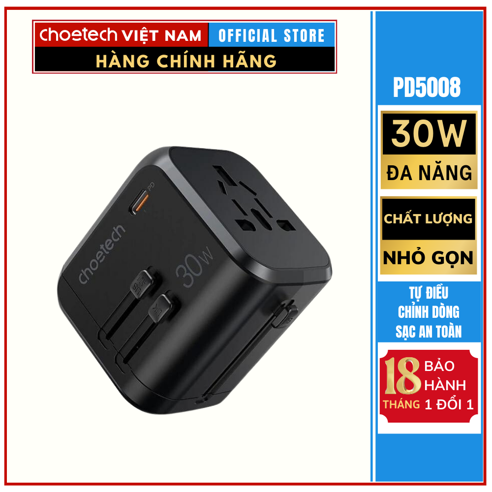 Củ sạc du lịch đa năng 30W Choetech PD5008 (Hàng chính hãng)