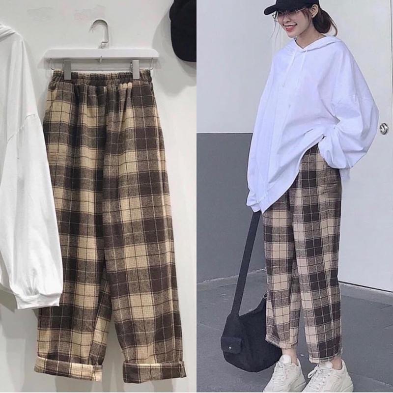 Quần baggy caro ống rộng unisex dáng suông nữ nam vải kaki đen công sở đi học lưng cao ulzzang hàn quốc dây rút đẹp SR02