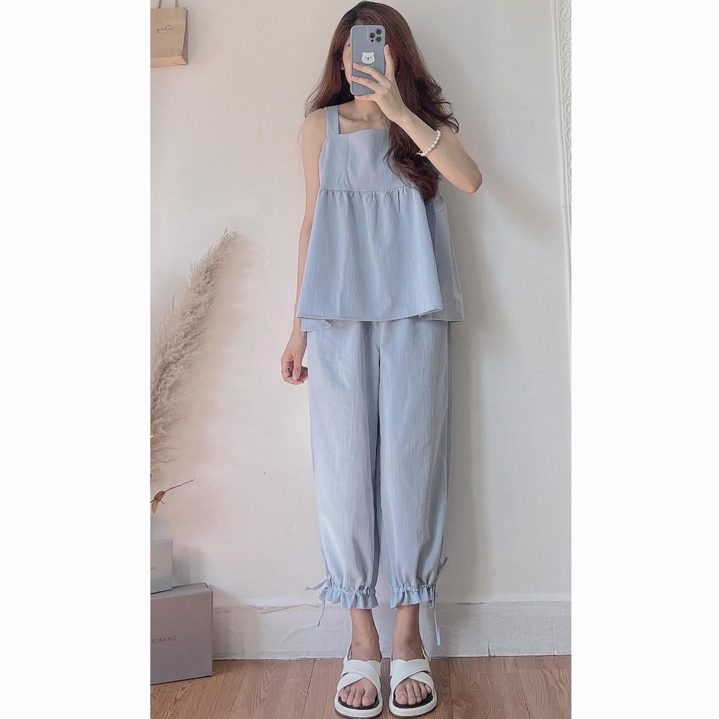 SET YẾM NHUNG TĂM NÂU TÂY PHỐI ÁO VOAN CỔ BÈO STYLE ULZZANG