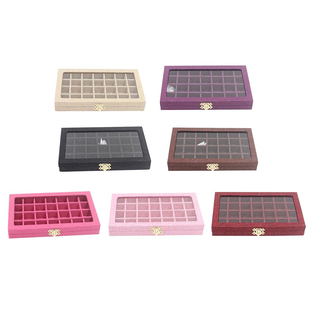 Sackcloth Linen Clear Lid Jewelry Tray Showcase Display Storage Box