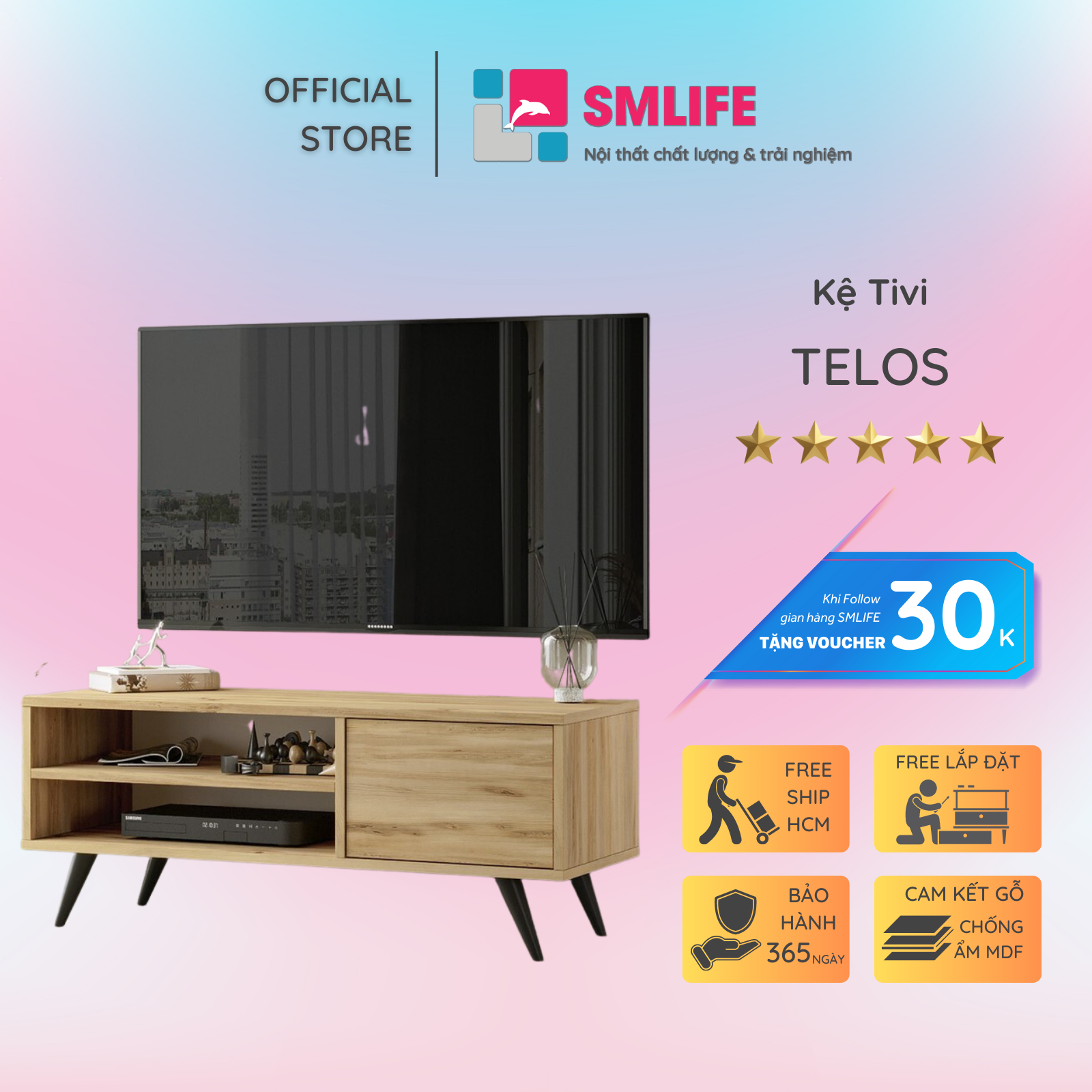 Kệ tivi gỗ hiện đại SMLIFE Telos  | Gỗ MDF dày 17mm chống ẩm | D120xR30xC50cm