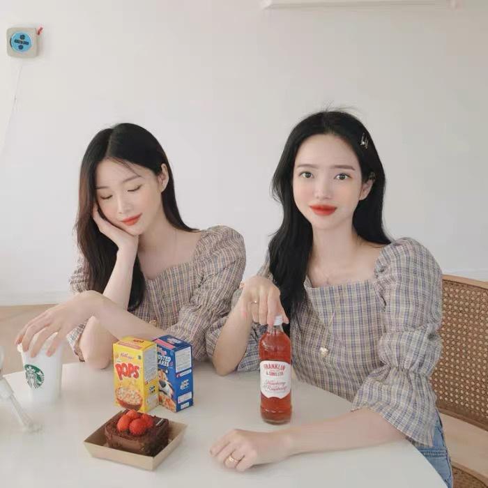 MS259 Áo kiểu nữ cổ vuông kẻ caro tay lỡ Hàn Quốc