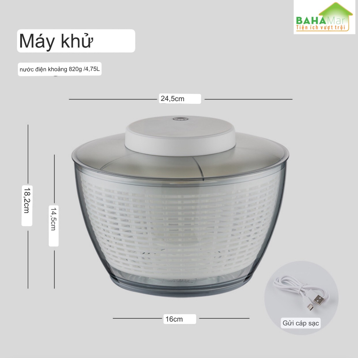 CHẬU - RỔ QUAY VẮT TÁCH NƯỚC LÀM KHÔ RAU BẰNG ĐIỆN (4.5L) "BAHAMAR" có thể sạc lại bằng USB, chỉ cần bật nút nguồn để khởi động và tự động dừng sau 20 giây.  Pin 1500mAh có thể sử dụng được 60 lần