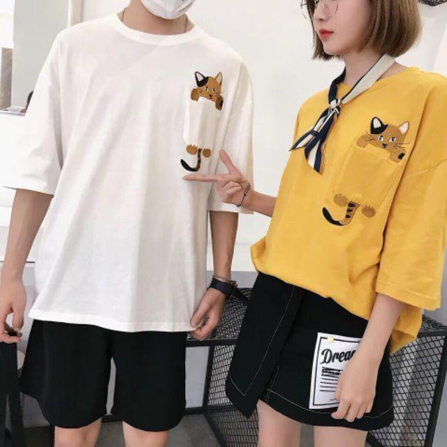 Áo nữ, áo thun nữ, áo uzzlang, áo tay lỡ, áo thun thêu hình mèo, áo mèo, áo tay lỡ unisex from rộng nữ, áo bigsize nữ