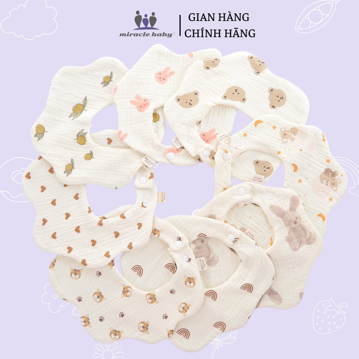 Yếm ăn hoa cổ vuông Miracle Baby 1 set 5 cái chất liệu Muslin mềm mại cho bé từ 0 đến 12 tháng tuổi