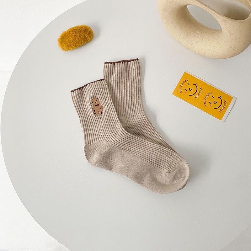 Tất bèo nữ cổ cao, vớ cổ cao vải cotton thêu hình chú Gấu Teddy phong cách thời trang Hàn Quốc - TD68