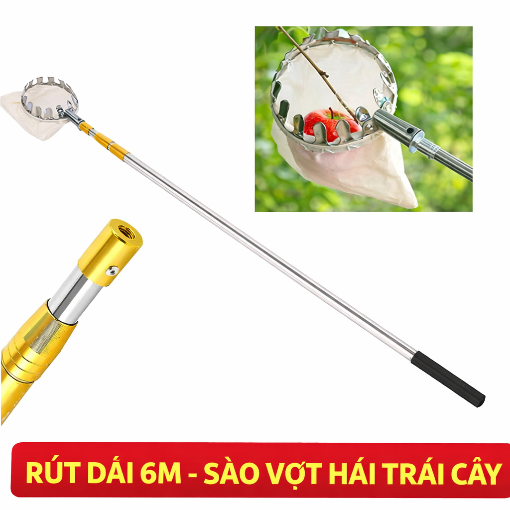 Bộ Sào Hái Trái Cây Rút Dài 6M Inox Chống Gỉ – Vợt Hái Quả Trên Cây Cao Kèm 4 Phụ Kiện