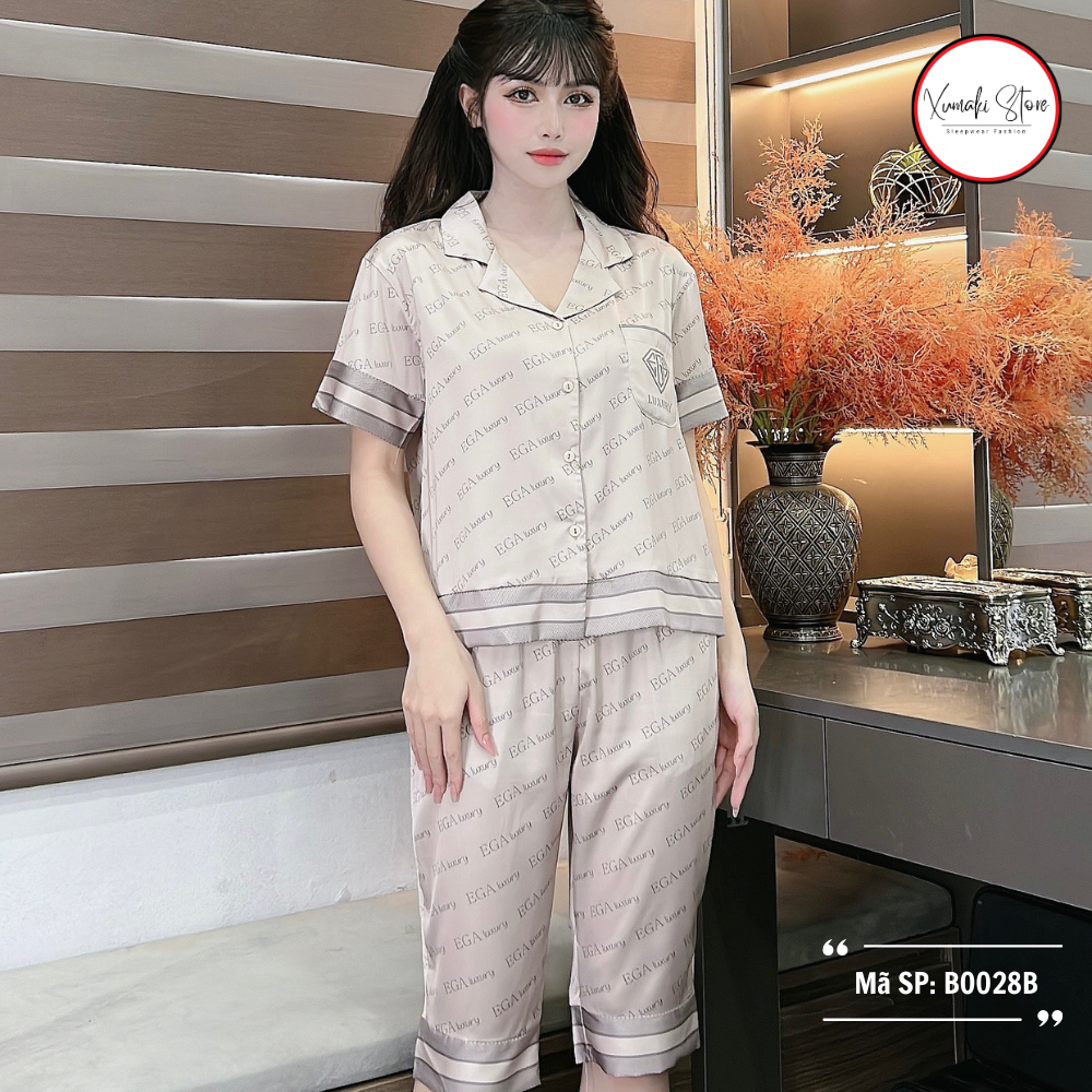 Bộ pyjama nữ áo cộc quần ngố họa tiết chữ chất lụa cao cấp nhiều màu Xumaki Store BO028B