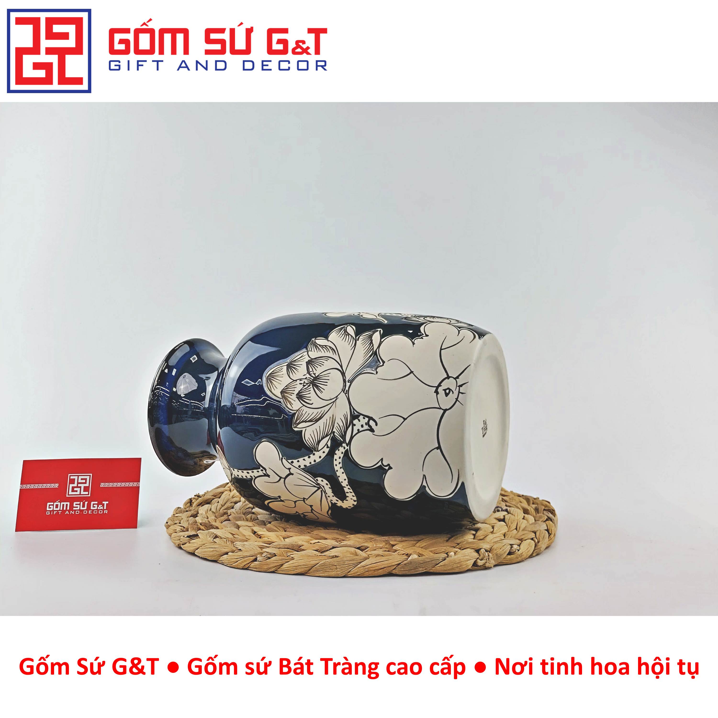 Lọ hoa men hỏa biến dáng phích cổ thấp vẽ sen Gốm Sứ G&amp;T