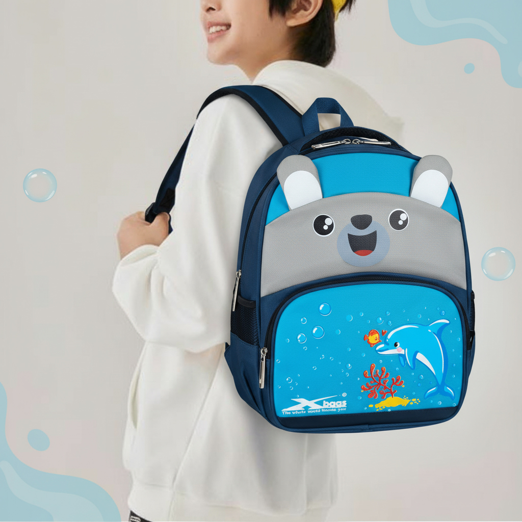 Balo mầm non chống nước cao cấp Xbags Dolphin xanh – Balo học sinh đáng yêu, nhiều ngăn tiện lợi, bền đẹp cho bé XB3020