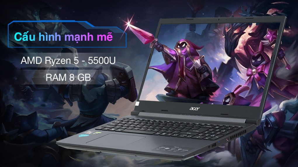 Máy Tính Xách Tay Laptop Acer Gaming Aspire 7 A715-42G-R4XX (R5 5500U/8GB RAM/256GB SSD/15.6 inch FHD/GTX1650 4G/Win11/Đen) - Hàng Chính Hãng