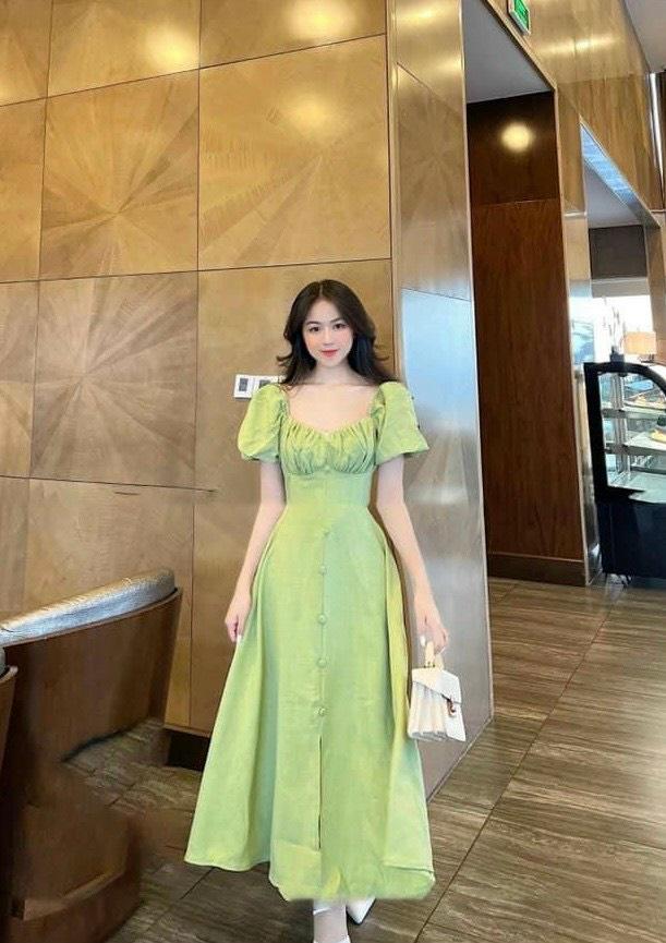 ĐẦM MIDI NHÍU NGỰC TAY BỒNG 13195