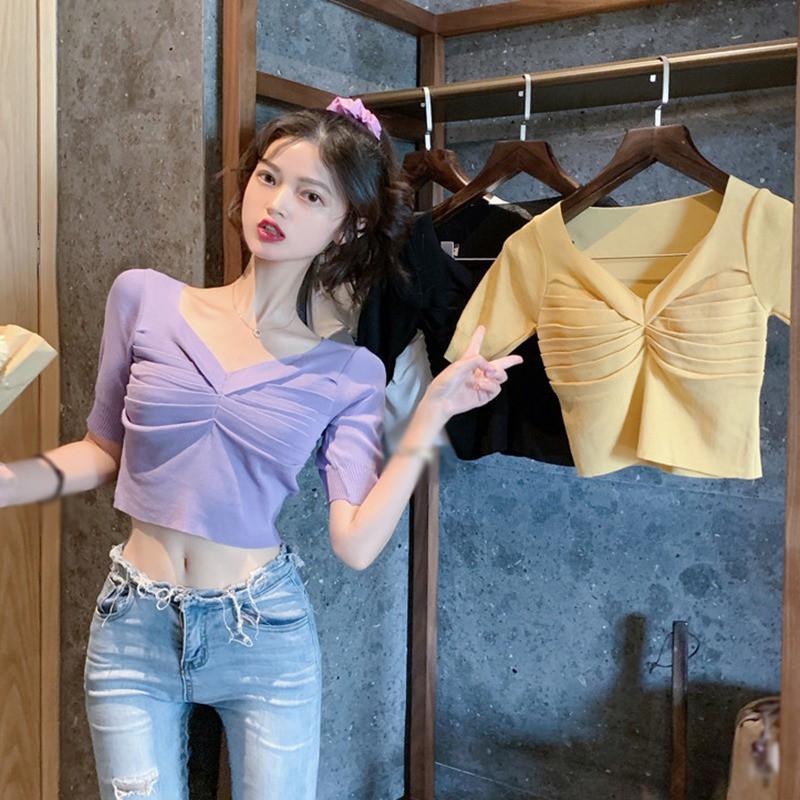 Áo Thun Tay Ngắn Cổ Chữ V Màu Trơn Thiết Kế Đơn Giản Thời Trang Dành Cho Nữ