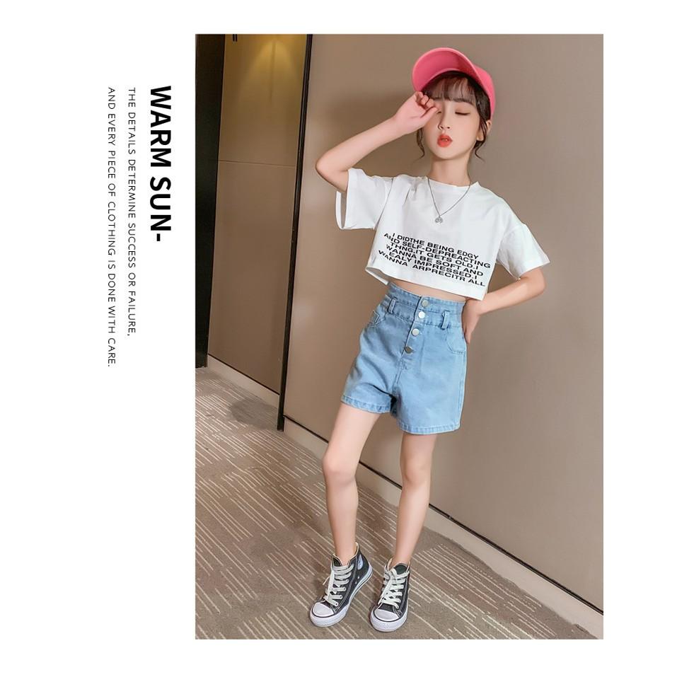 BV58 Size110-160 (12-45kg) set áo croptop+quần jean lưng cao bé gái Thời trang trẻ Em hàng quảng châu