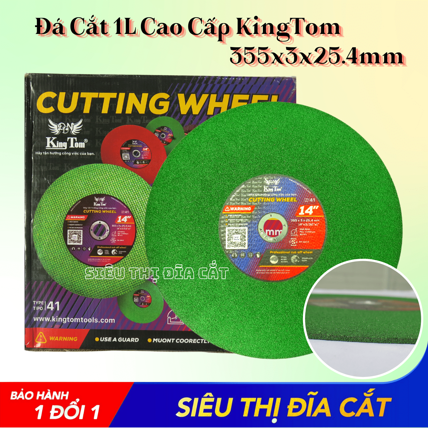 Đá Cắt 1L Cao Cấp KingTom 355x3x25.4mm - Lốc 5 Viên