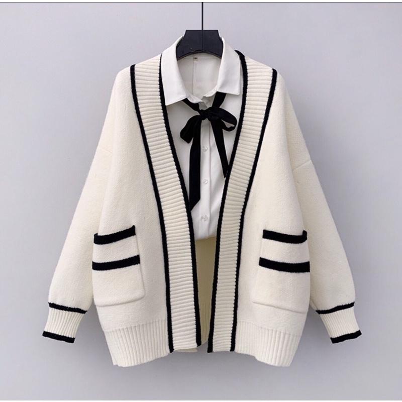 Áo khoác len cardigan nữ viền phối màu 2 túi viền đen trắng 76a11 by germe