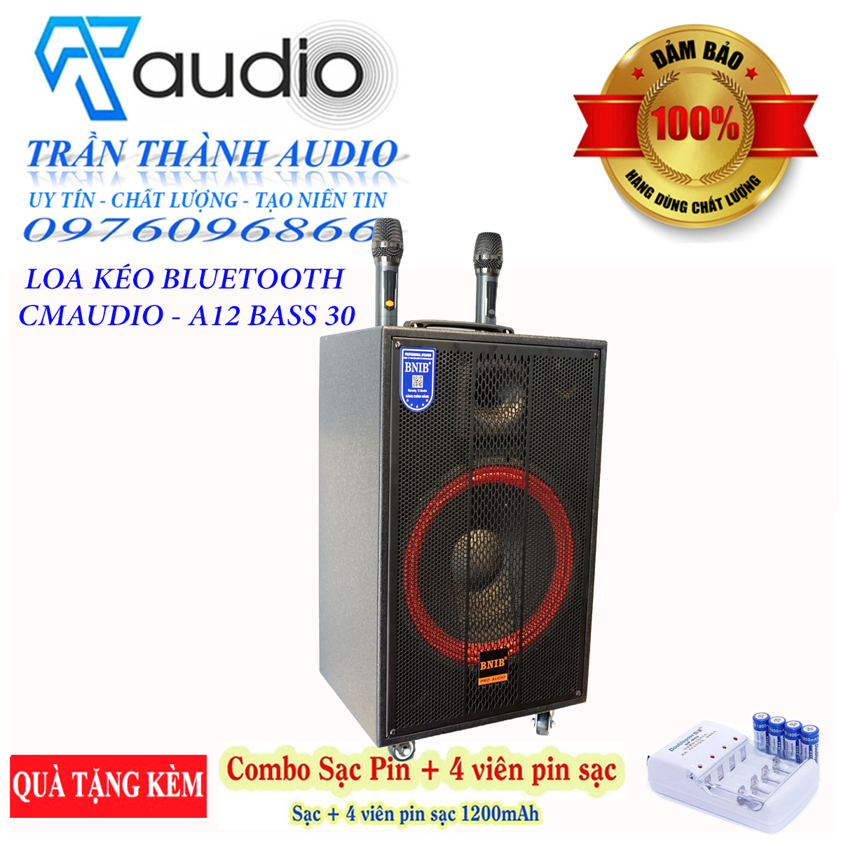 loa kéo karaoke bluetooth BNIB A12 bass 30,hàng chính hãng nhập khẩu  2023,tặng khay sạc pin + 4 viên pin tiểu 1200mah doublepow