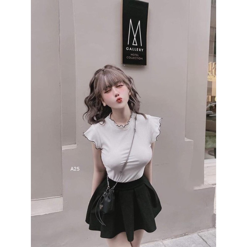 Áo croptop nữ kiểu cổ cao viền nổi chất vải thun gân len 4 chiều FreeSize