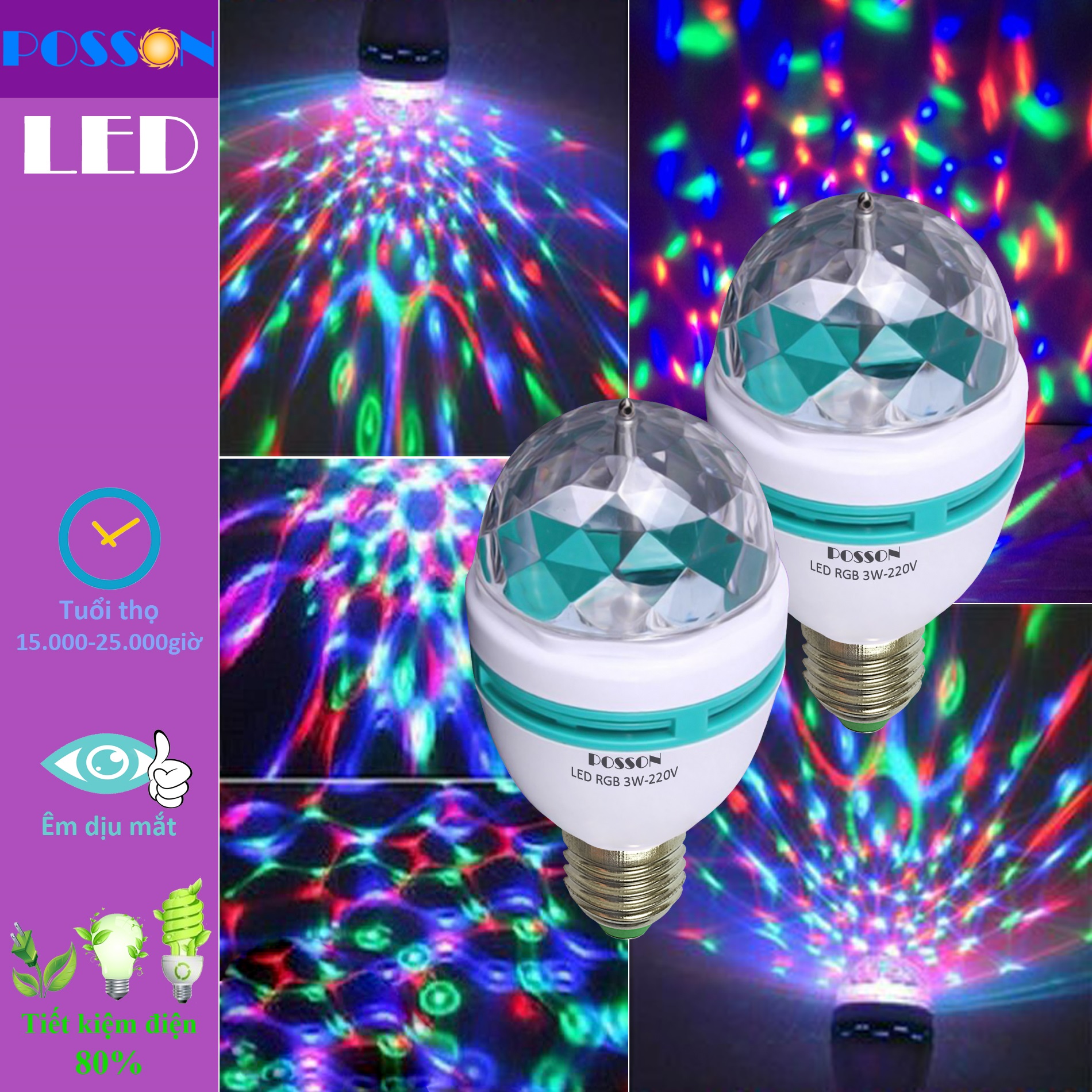 2 Đèn Led sân khấu vũ trường nhiều màu RGB 3w pha lê xoay tròn Posson L-RGB3